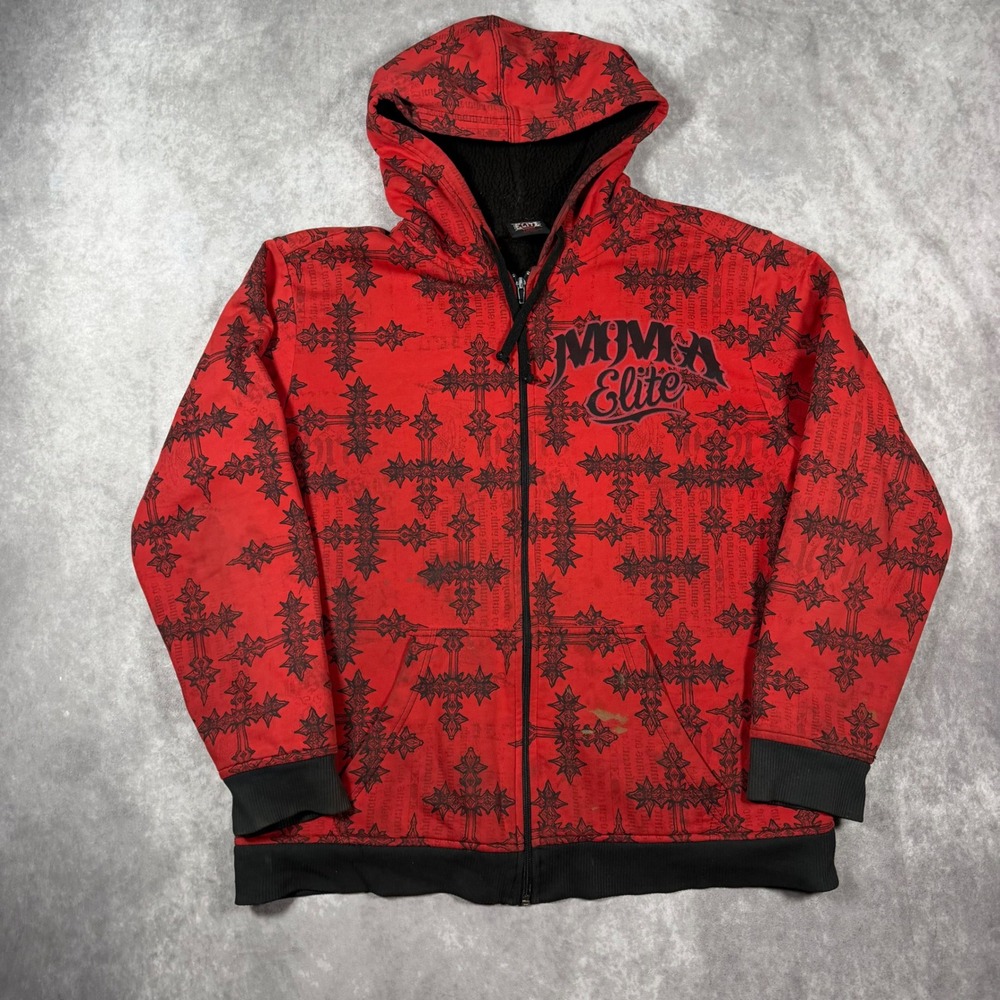 VTG Y2K MMA Elite Mens L Red All Over Print Gothic Cross Sherpa Lined Zip Hoodie